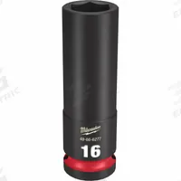 MILWAUKEE Deep Impact Socket: 1/2 in Drive Size, Metric, 16 mm Socket Size, 6-Point, Deep, Friction (MPN 49-66-6277). Key specifications — attr1215501: MILWAUKEE; attr1215515: Black Phosphate; attr1215518: 16 mm.