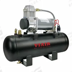 VIAIR CORPORATION Portable Air Compressor: Quiet, Oil Free, 2 gal, Horizontal, 0.37 hp, 12V DC (MPN 20007). Key specifications — attr48686: Oil Free; attr48685: 12V DC; attr48689: 0.49 cfm @ 200 psi; attr48678: 23.0 A; attr48688: Drain Cock; attr48671: VIAIR CORPORATION; attr124308: Quiet (less than 75 dBA).