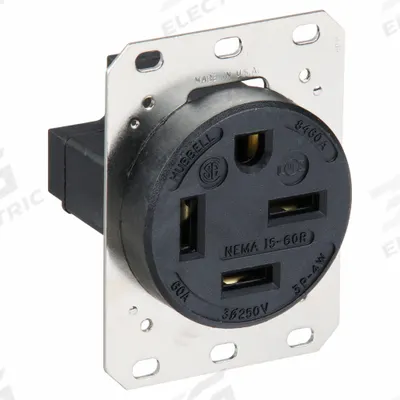 HUBBELL Receptacle: Single, 15-60, Black, 250V AC, 60 A, 3 Pole / 4 Wire (MPN HBL8460A) - General Purpose Receptacles