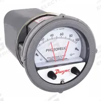DWYER Differential Pressure Gauge & Switch: Single-Side, 1/8 in NPT Female, ±2% Gauge Accuracy (MPN A3100). Key specifications — Sensor Type: Diaphragm; Series: A3000 Photohelic; Housing Material: Die Cast Aluminum; Certificate of Calibration: Not Included; Gauge Accuracy: ±2%.