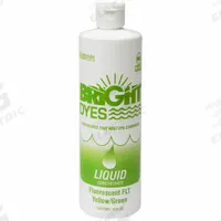 BRIGHT DYES Dye Tracer Liquid: Yellow/Green, Water Tracing Dye, Immediate, 1.8 cps Viscosity (MPN 106001-01P 9'S). Key specifications — Brand: BRIGHT DYES; Dissolution Time: Immediate; Color: Green/Yellow; Dye Type: Water Tracing Dye; Coverage: 12,500 gal (Strong Visual), 125,000 gal (Light Visual); Detectability: 100 ppb.