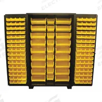 JAMCO Bin Cabinet: 48 in x 24 in 78 in, 0 Shelves, 155 Bins, Yellow, Flush, 14 ga Panel, Black, Bins (MPN DP248BL). Key specifications — Bin Color: Yellow; Bin HxWxD: (128) 3 in x 4-1/8 in x 7-1/2 in; Assembled: Assembled; Cabinet Style: Shelf and Bin; Brand: JAMCO; Cabinet Color: Black; Cabinet Finish: Powder Coated; Cabinet Material: Steel.