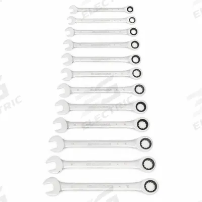 GEARWRENCH Combination Wrench Set: Alloy Steel, Chrome, 12 Tools - Metric 12-Point Ratcheting Combination Wrench Sets