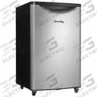 DANBY Mini Refrigerator: Stainless Steel, 4.4 cu ft Total Capacity, 3 Shelves, Energy Star Certified (MPN DAR044A6BSLDBO). Key specifications — Plug Type: 5-15P; Color: Silver; Defrost: Automatic; Voltage: 115V AC; Energy Star Certified: Yes; Includes Water Dispenser: No; Door Hinge: Swing; Door Style: Solid.