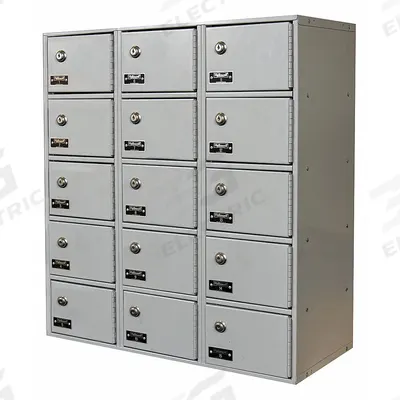 HALLOWELL Cell Phone Locker: 27 in x 12 in x 30 1/2 in, 5 Tiers, 3 Units Wide, 15 Lockers - Surface-Mount Metal Cell-Phone Lockers