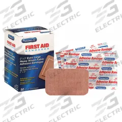 FIRST AID ONLY Adhesive Bandage: Strip Bandages, 2 in Wd, 3 in Lg, Not Metal Detectable, Fabric (MPN 1-750). Key specifications — Product Type: Strip Bandages; Unitized: Unitized; Water Resistance: Not Water Resistant; Brand: FIRST AID ONLY; Latex Content: Latex Free; Metal Detectable: Not Metal Detectable; Package Type: Box; Manufacturer Part Number: 1-750.