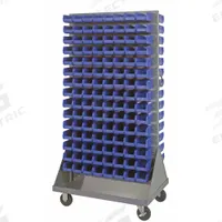 QUANTUM STORAGE SYSTEMS Mobile Louvered Floor Rack: 36 in x 24 in x 72 in, 240 Bins Included, Blue (MPN QMD-36H-220BL). Key specifications — Bin Width: 4-1/8 in; Color: Gray; Caster Wheel/Configuration: (2) Rigid; Caster Wheel/Tread Material: Hard Rubber; Bin Color: Blue; Bin Depth: 7-3/8 in; Bin Height: 3 in; Brand: QUANTUM STORAGE SYSTEMS.