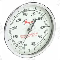 DWYER Glow-in-the-Dark Dial Thermometer: 50°F to 550°F, +/- 1% Accuracy, 5 in Dial Dia, Male (MPN GBTB59071). Key specifications — Accuracy: +/- 1%; Brand: DWYER.