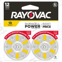 RAYOVAC Hearing Aid Batteries: 10 Battery Size, Zinc Air, 100 mAh Capacity, 1.4V DC, 0.224 in Dia (MPN 10CR-12ROVUS). Key specifications — Voltage - Batteries: 1.4V DC; Battery Chemistry: Zinc Air; Product Type: Hearing Aid Batteries; Battery Size: 10; Brand: RAYOVAC; Voltage - Subhead: 1.4V DC Hearing Aid Battery.