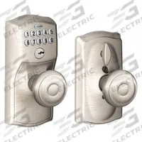 SCHLAGE RESIDENTIAL Keypad Knob: Nickel (MPN FE595 CAM619GEO). Key specifications — Product Type: Keypad Knob; Manufacturer Part Number: FE595 CAM619GEO; Key Override Options: None.