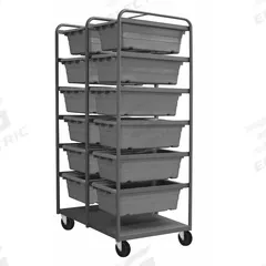 DURHAM MFG Tub Cart: 1,200 lb, 12 Bins/Tubs, Gray, 26 in L x 37 in W x 74 in H, Gray, 2 Usable Sides (MPN TBR-303672-12-5PO-95). Key specifications — Color: Gray; Includes: Support Rails; Caster/Wheel Configuration: (2) Rigid; Bin Color: Gray; Brand: DURHAM MFG.