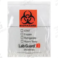 Specimen Transfer Bag: LDPE, Biohazard, 1.75 mil Thick, Clear, 15 in Overall Ht, Non-Sterile, 500 PK (MPN 4916). Key specifications — Brand: MEDEGEN MEDICAL PRODUCTS; Closure Type: Zipper; Product Type: Dual Pouch Specimen Bag; Manufacturer Part Number: 4916; Color: Clear; Display Sell UOM: PK; Legend: Biohazard.