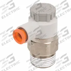 SMC Speed Control Valve: Elbow Fitting, Knob, 3/8 in Valve Body Size, 1/4 in Tube, Meter Out (MPN AS3201F-N03-07SA). Key specifications — attr947203: Brass/PBT; attr947205: SMC.