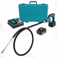 MAKITA Cordless Concrete Vibrator: Handheld, 18V DC, 96 in Lg, 1 in Dia, with Batteries (MPN XRV02T). Key specifications — attr117572: 5.0 Ah; attr117575: Yes; attr117579: Charger; attr117585: 8 ft Flexible Shaft Assembly (126208-9); attr117598: 18V DC.