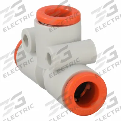 SMC Push-Fit Tee Fitting: 1/4 in OD x 1/4 in OD x 1/4 in OD Size, Polybutylene Terephthalate - Polybutylene & Brass Tube Fittings