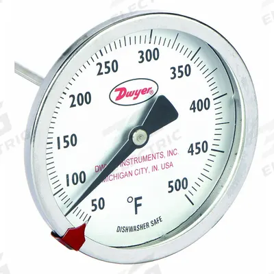 Dwyer Clip On Dial Thermometer: 50°F to 500°F, +/- 2% Accuracy, 5 in Stem Lg - General Purpose Vat & Pan Clip-On Dial Thermometers