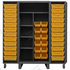 DURHAM MFG Bin Cabinet: 36 in x 36 in 78 in, 4 Shelves, 36 Bins, Yellow, Deep Box, 12 ga Panel, Gray (MPN HDJ36-12DC24TB4S95). Key specifications — Bin Color: Yellow; Bin HxWxD: (12) 8 in x 15 x 7 in; Assembled: Assembled; Cabinet Style: Shelf and Bin; Brand: DURHAM MFG; Cabinet Color: Gray; Cabinet Finish: Powder Coated; Cabinet Material: Steel.