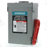 SIEMENS Safety Switch: Non-Fusible, 30 A, Single Phase, 240V AC, Galvanized Steel, Indoor/Outdoor (MPN GNF221RA). Key specifications — attr867131: SIEMENS.