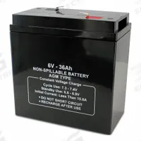 APPROVED VENDOR Sealed Lead Acid Battery: 6V DC, 36 Ah Capacity, 6.43 in Ht, 3.5 in Wd, 6.43 in Dp (MPN 47043). Key specifications — Terminal Connection: 0.250 in Faston; Battery Cycle Type: Dual Purpose; Brand: APPROVED VENDOR; Housing Material: ABS.