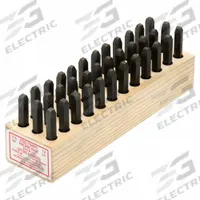 YOUNG BROS. STAMP WORKS Hand Stamp Kit: 0 thru 9 (6 doubles as 9)/Ampersand (&)/A thru Z, Steel (MPN 01361). Key specifications — Material: Steel; Brand: YOUNG BROS. STAMP WORKS; Characters Included: Ampersand (&).