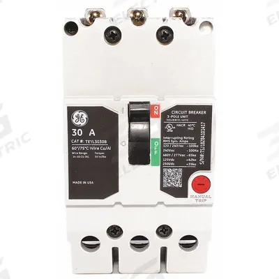 GE Molded Case Circuit Breaker: 30 A Amps, 65kA at 277/480V AC, Fixed, Lug - TEY-Frame GE Molded Case Circuit Breakers