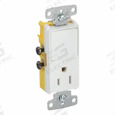 BRYANT Combination Device: Rocker Switch, 5-15R, White, 125V AC - Straight-Blade Outlets & Rocker Switches