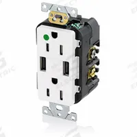 USB Receptacle: Duplex, 5-15R, 2 USB Ports, USB Type A, White, 125V AC, 15 A (MPN T5632-HGW). Key specifications — Brand: LEVITON.