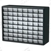 AKRO-MILS Drawer Bin Cabinet: 20 in x 6 1/2 in x 15 3/4 in, 64 Drawers, Stackable, Polystyrene (MPN 10164). Key specifications — attr66719: Polystyrene; attr66728: Yes; attr66722: Clear; attr66720: Drawer; attr66726: (64) 2-1/8 in x 6 in x 1-1/2 in; attr66716: Black; attr66753: Plastic; attr66710: AKRO-MILS.
