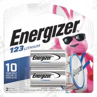 ENERGIZER Battery: 123 Battery Size, Lithium, 1,500 mAh Capacity, 3V DC, 2 PK (MPN EL123ABP2). Key specifications — attr114739: Lithium; attr117152: ENERGIZER.