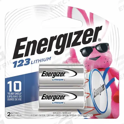 ENERGIZER Battery: 123 Battery Size, Lithium, 1,500 mAh Capacity, 3V DC - 123/CR123