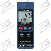 REED INSTRUMENTS Temperature Humidity Meter: Cabled, 7 in x 2.7 in x 1.9 in, 32°F to 122°F (MPN R6050SD). Key specifications — Brand: REED INSTRUMENTS; Calibration Certificate: Not Included.