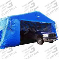 FSI Drive-Through Shelter: 22 ft Overall Lg, 20 ft Overall Wd, 12 ft Overall Ht, Nylon/PVC, Blue (MPN DAT4400SP-DTGR). Key specifications — Includes: Full Zipper Closure Roll Up Door on Each End; Product Type: Drive-Through Shelter; Brand: FSI.