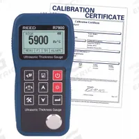 REED INSTRUMENTS Ultrasonic Thickness Gauge: Carrying Case/Probe/Ultrasonic Couplant Gel, NIST (MPN R7900-NIST). Key specifications — Brand: REED INSTRUMENTS; Thickness Measurement Accuracy: +/-0.1%; Certificate of Calibration: Included.