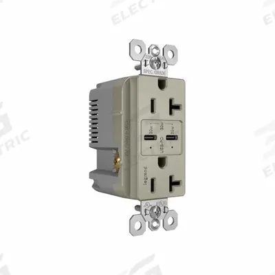PASS & SEYMOUR Receptacle: Duplex, 5-15R, 2 USB Ports, USB Type C, Gray, 125V AC - Weather-Resistant Receptacles with USB Chargers