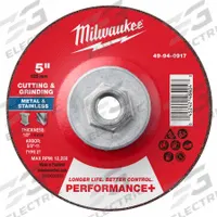 MILWAUKEE Cut-Off & Grinding Wheel: Type 27, 5" x 1/8" x 5/8"-11, Zirconia Alumina, 24 Grit (MPN 49-94-0917). Key specifications — Brand: MILWAUKEE.