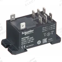SCHNEIDER Enclosed Power Relay: DIN-Rail & Surface Mounted, 30 A Current Rating, 24V AC, DPDT (MPN RPF2BB7). Key specifications — attr211321: SCHNEIDER; attr864598: Square; attr864602: DIN Rail & Top Flange; attr864634: 1/4 in Tab Terminal; attr864642: RPF2BB7; attr869492: 30 A at 250V AC (NO IEC); attr934629: Harmony™ RPF Power Series.