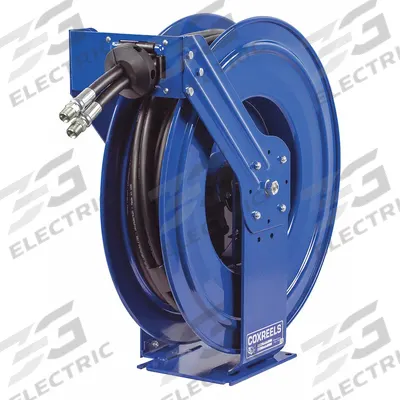 COXREELS Dual Reel Spring Return Hose Reel: 50 ft (1/2 in I.D.), 1/2 in MNPT x 1/2 in MNPT - Twin Hydraulic Oil Spring-Return Hose Reels