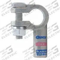 FUSION Battery Terminal: Left Elbow, Solder, 1 to 2 ga, Pink Color, Positive, Copper/Tin (MPN 426301-525-001P). Key specifications — Contact Material: Tin; Alignment: Left Elbow; Color Code: Pink; Connection Type: Solder; Gauge: 1 to 2 ga; Polarity: Positive; Brand: FUSION.