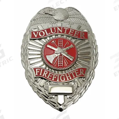 HEROS PRIDE Metal Badge: Volunteer Firefighter - Oval, 2 1/4 in x 3 1/8 in, Silver - Metallic Badges