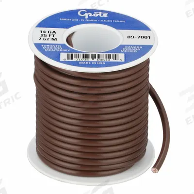 GROTE Primary Automotive Wire: GPT, 25 ft, 1 Conductor, 14 AWG, Brown - PVC-Insulated General Purpose Primary Wires