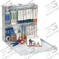 FIRST AID ONLY First Aid Kit and Housing: Gen Purpose, 50 People Served, 195 Components, Metal (MPN 226-U/FAO). Key specifications — Adhesive Bandages Included: (100) Bandages; Application: General Purpose; Brand: FIRST AID ONLY; Housing Color: White; Housing Material: Metal; Includes Oral or Inhalant Medication: Medication Included; Mountable: Wall Mount; Oral and Inhalant Medicinals Included: (12) Aspirins.