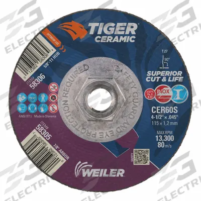 WEILER Abrasive Cutoff Wheel: Type 27, 4 1/2" x 0.045" x 5/8"-11, Ceramic, 60 Grit - Cool-Cutting Cut-Off Wheels for Carbon & Stainless Steel