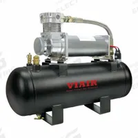 VIAIR CORPORATION Portable Air Compressor: Oil Free, 2 gal, Horizontal, 0.37 hp, 1.13 cfm @ 90 psi (MPN 20008). Key specifications — attr48686: Oil Free; attr48685: 12V DC; attr48689: 0.51 cfm @ 200 psi; attr48678: 23.0 A; attr48688: Safety Valve; attr48671: VIAIR CORPORATION; attr124308: Standard (75 dBA or more).