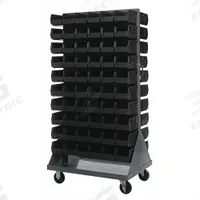 QUANTUM STORAGE SYSTEMS Mobile Louvered Floor Rack: 36 in x 24 in x 72 in, 120 Bins Included, Black (MPN QMD-36H-230BK). Key specifications — Bin Width: 5-1/2 in; Color: Gray; Caster Wheel/Configuration: (2) Swivel; Caster Wheel/Tread Material: Hard Rubber; Bin Color: Black; Bin Depth: 10-7/8 in; Bin Height: 5 in; Brand: QUANTUM STORAGE SYSTEMS.