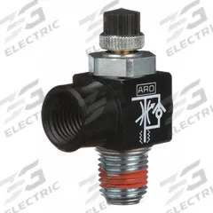 ARO Cylinder Port Flow Control Valve: Elbow Fitting, Knurled, 2/3 in Valve Body Size, 1/4 in NPT (MPN 119308-250). Key specifications — attr947203: Stainless Steel; attr947205: ARO.