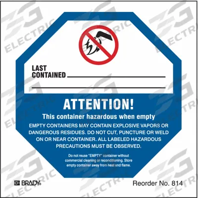 BRADY Handling Label: Attention! This Container Haz when Empty…, 4 in x 4 in - Waste