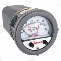 DWYER Differential Pressure Gauge & Switch: Single-Side, 1/8 in NPT Female, ±2% Gauge Accuracy (MPN A3001AV). Key specifications — Sensor Type: Diaphragm; Series: A3000 Photohelic; Housing Material: Die Cast Aluminum; Certificate of Calibration: Not Included; Gauge Accuracy: ±2%.