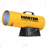 MASTER Portable Gas Torpedo Heater: 150,000 BtuH Heating Capacity Output, 3,800 sq ft Heating Area (MPN 150VMHD-GFA). Key specifications — Brand: MASTER; Key Features: On/Off Switch; Overall Dimensions - H x W x D: 15 in x 9 in x 25 in.