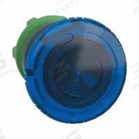 SCHNEIDER Mushroom Head Push Button: Blue, 22 mm Mounting Size, Non-Metallic, Maintained (MPN ZB5AW763). Key specifications — Brand: SCHNEIDER; Action: Maintained; Series: XB5; Push Button Material Type: Non-Metallic.
