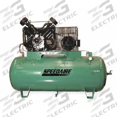 SPEEDAIRE Electric Air Compressor: 10 hp, 2 Stage, Horizontal, 120 gal, 34.8 cfm, 175 psi (MPN 1WD87). Key specifications — attr48430: SPEEDAIRE; attr48445: 60 Hz; attr48448: Oil Site Glass; attr48450: 200-208V AC; attr48474: Three; attr48487: Horizontal.